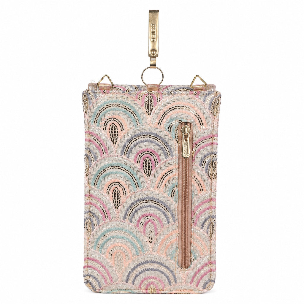 Beige Embroidered Mobile Pouch Sling Bag with Oval Accent