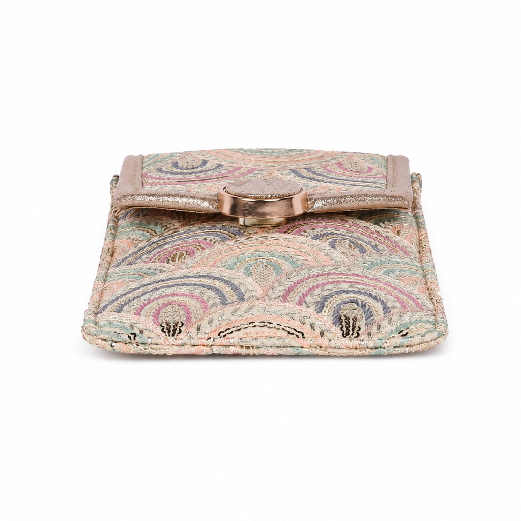 Beige Embroidered Mobile Pouch Sling Bag with Oval Accent