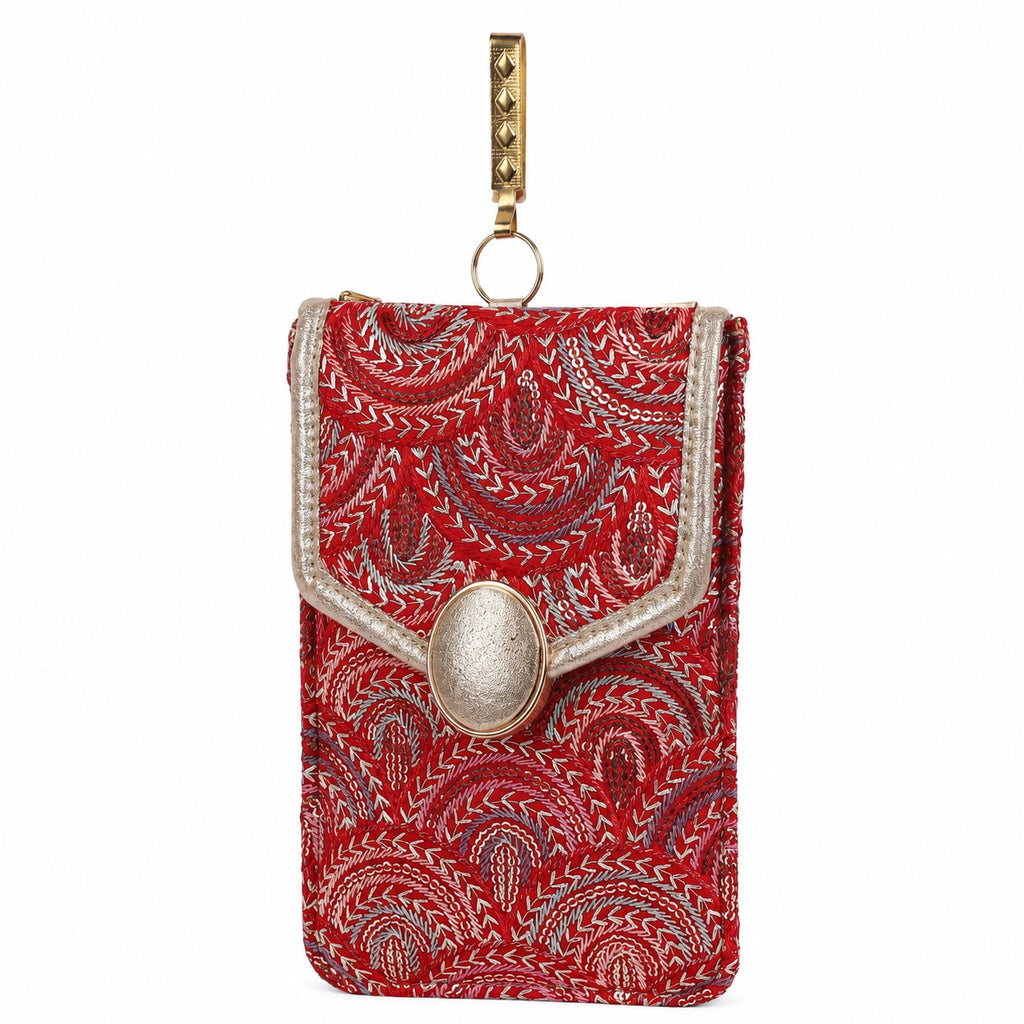 Red Embroidered Mobile Pouch Sling Bag with Oval Accent
