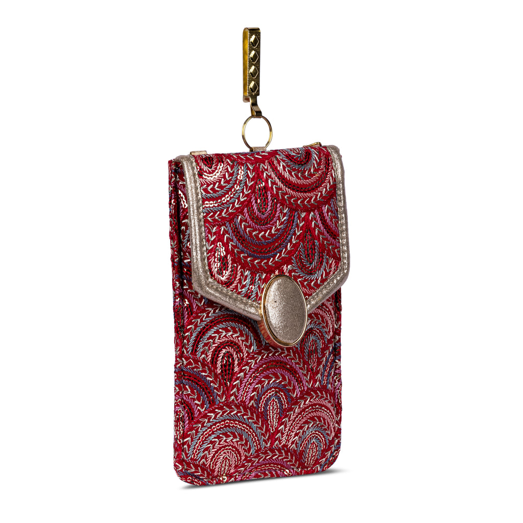 Red Embroidered Mobile Pouch Sling Bag with Oval Accent