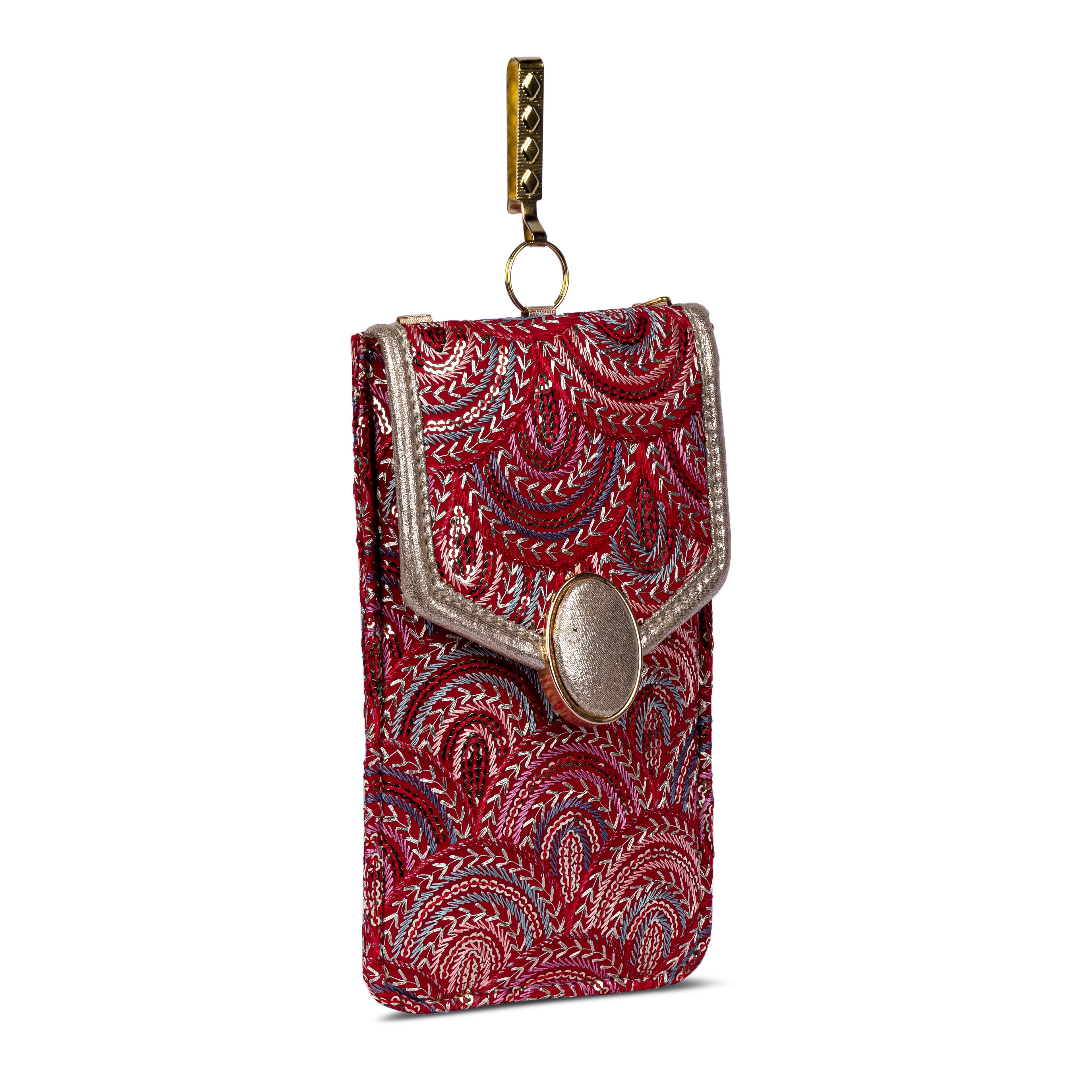 Red Embroidered Mobile Pouch Sling Bag with Oval Accent