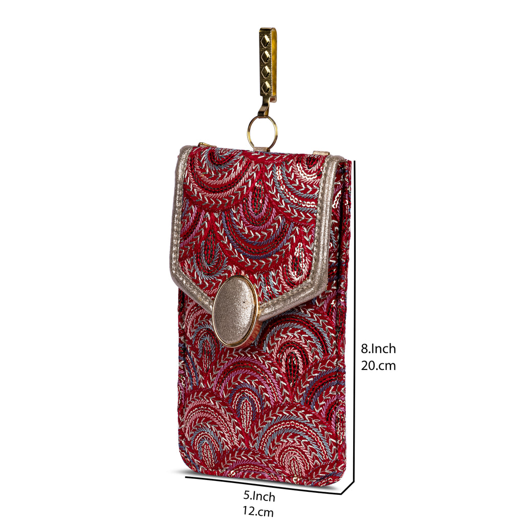Red Embroidered Mobile Pouch Sling Bag with Oval Accent