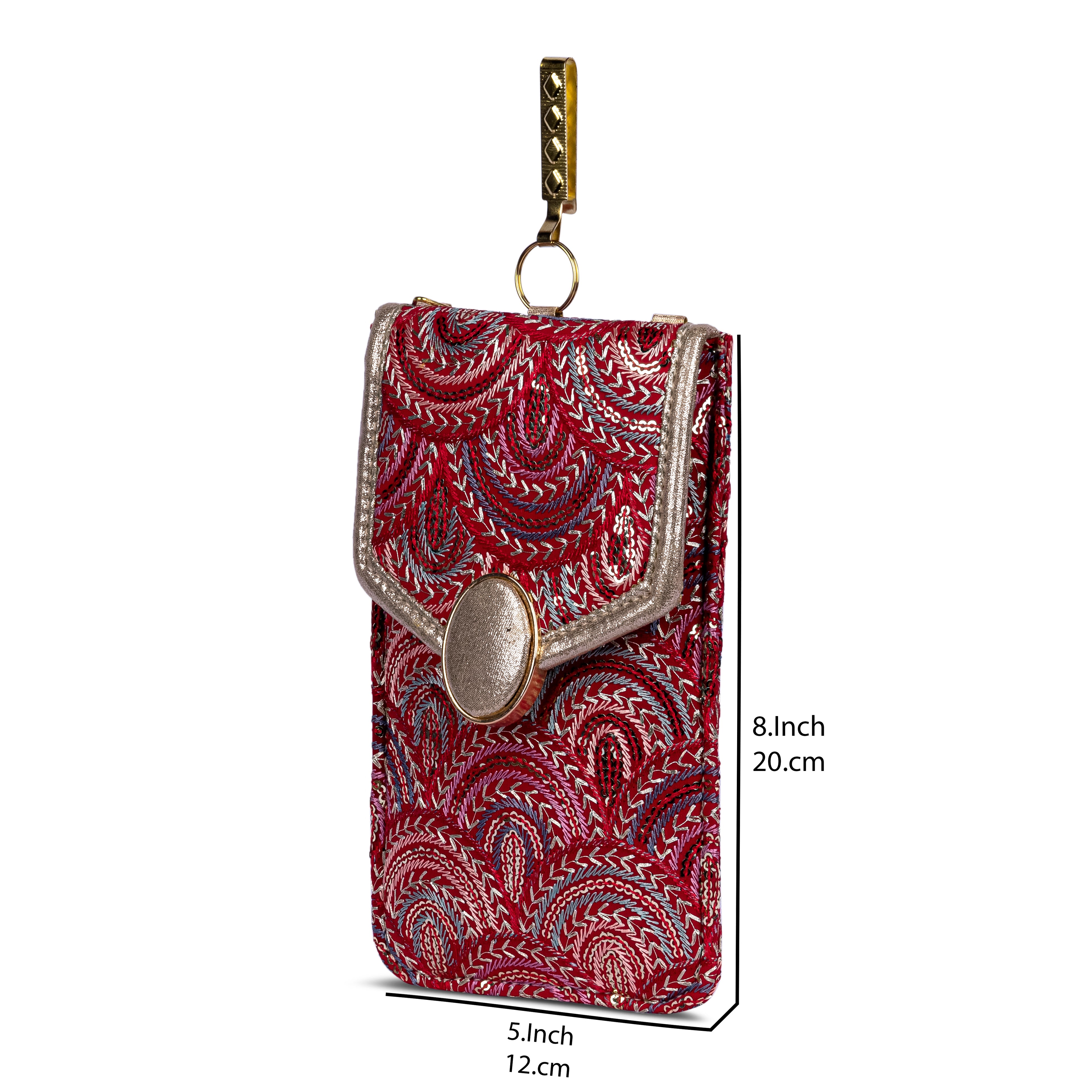 Red Embroidered Mobile Pouch Sling Bag with Oval Accent