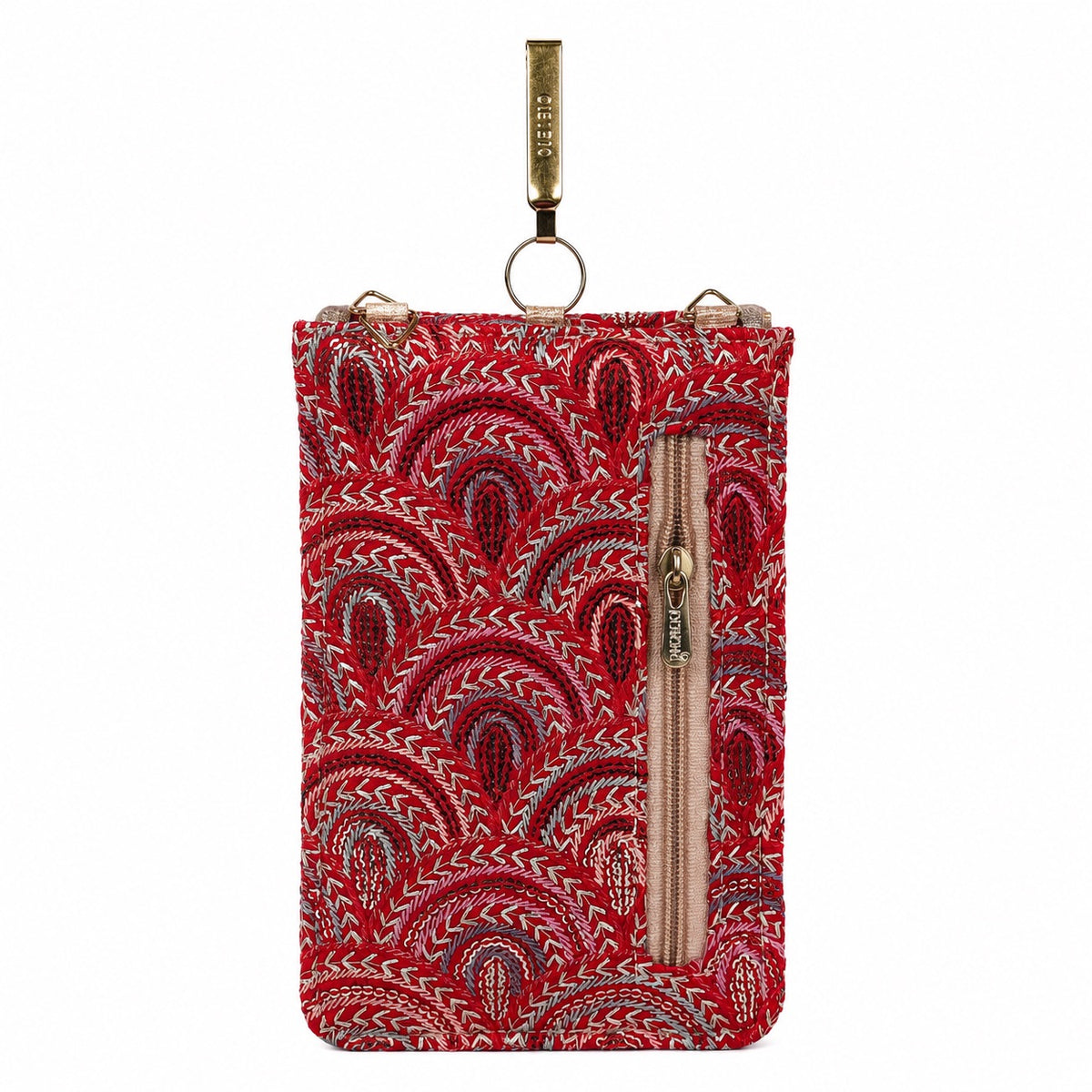 Red Embroidered Mobile Pouch Sling Bag with Oval Accent
