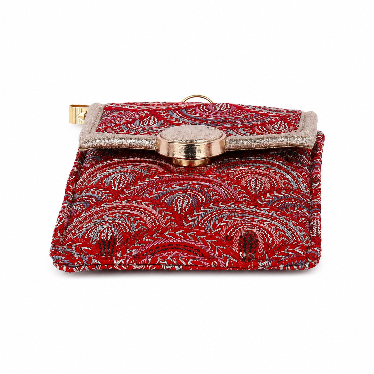 Red Embroidered Mobile Pouch Sling Bag with Oval Accent