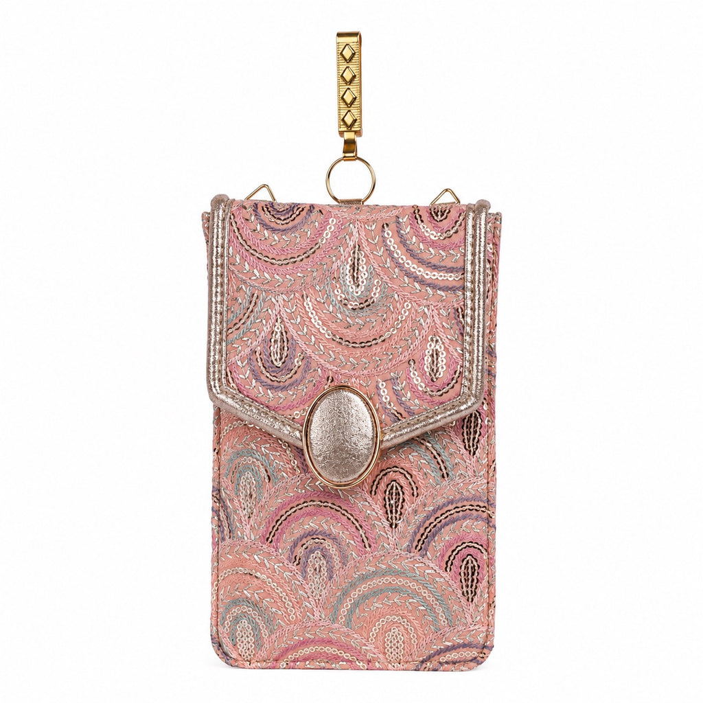 Pink Embroidered Mobile Pouch Sling Bag with Oval Accent