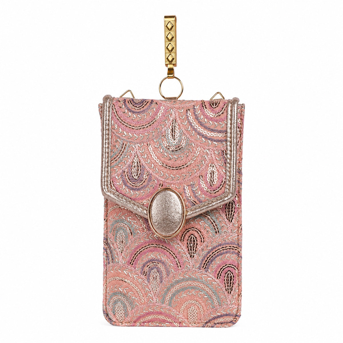 Pink Embroidered Mobile Pouch Sling Bag with Oval Accent