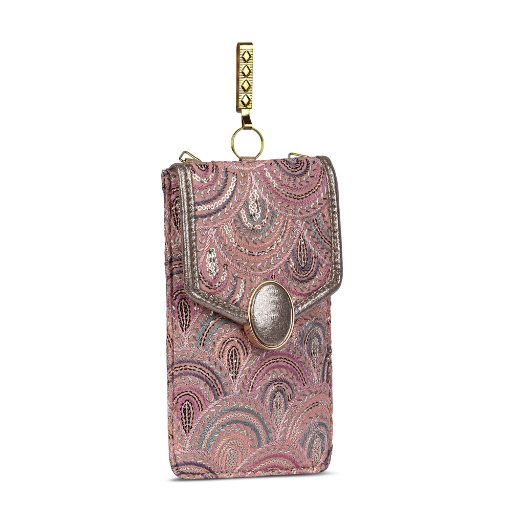 Pink Embroidered Mobile Pouch Sling Bag with Oval Accent