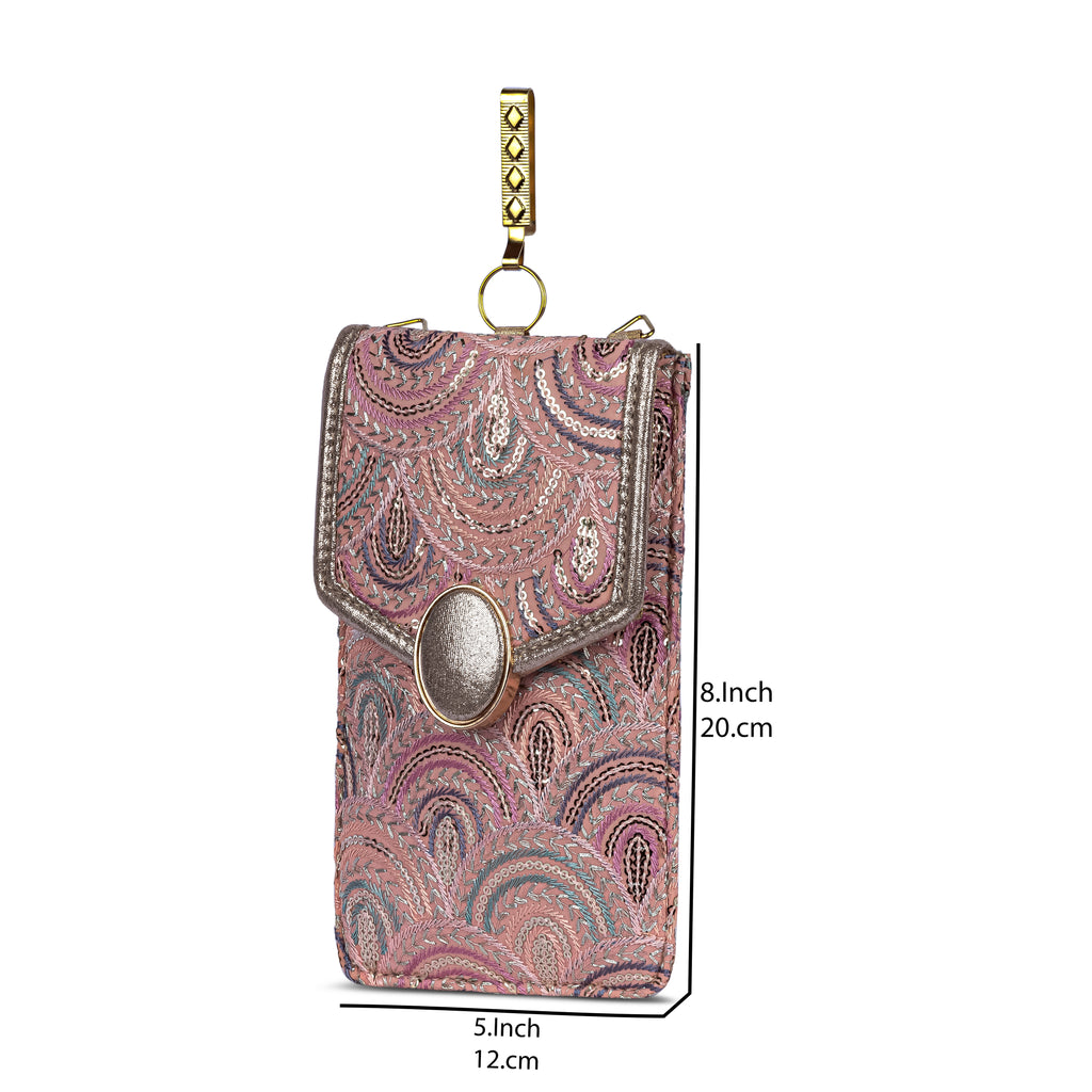Pink Embroidered Mobile Pouch Sling Bag with Oval Accent