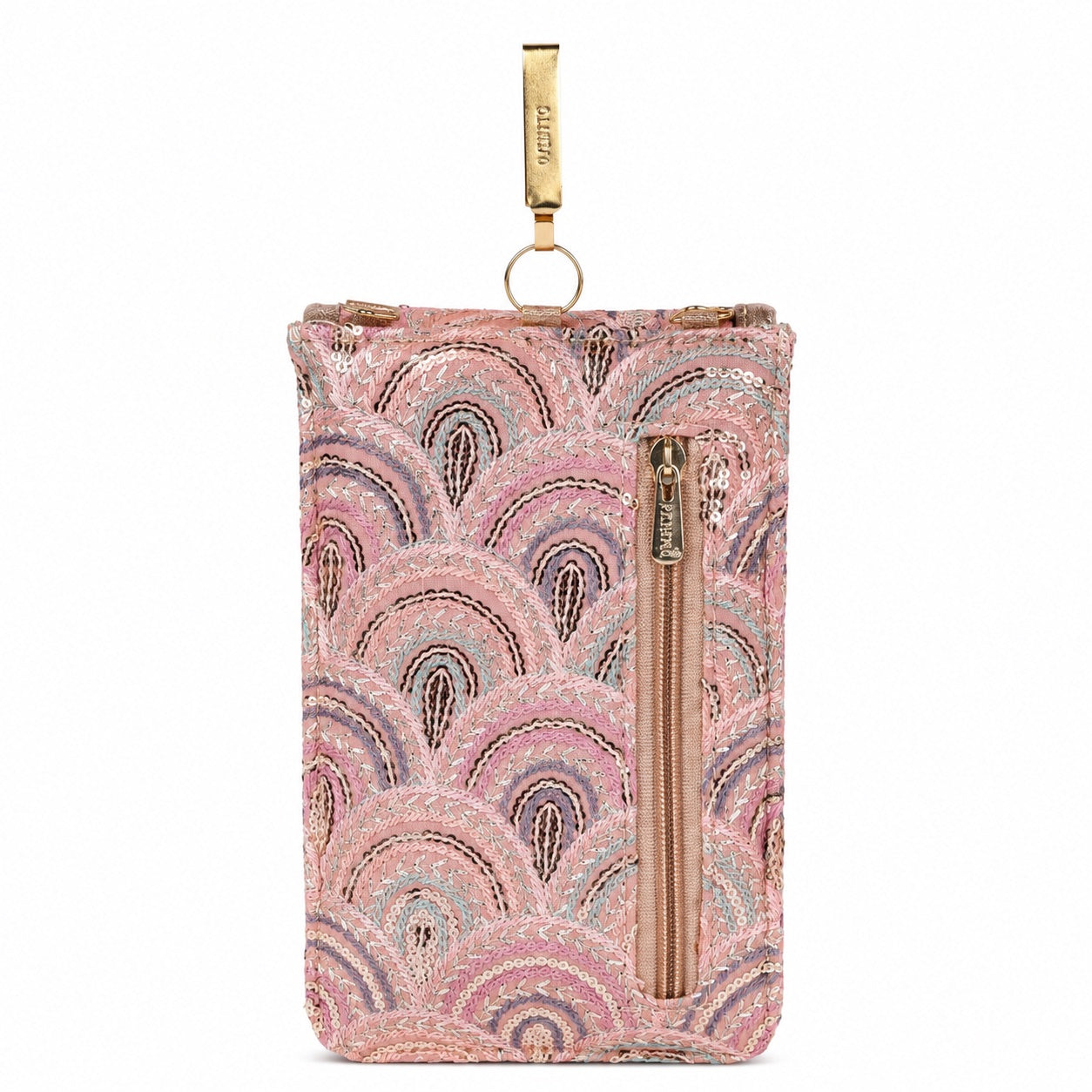 Pink Embroidered Mobile Pouch Sling Bag with Oval Accent