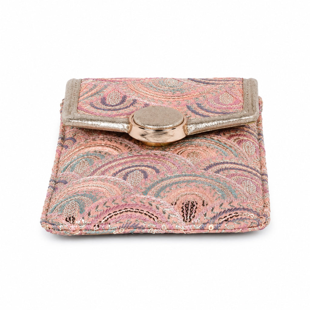 Pink Embroidered Mobile Pouch Sling Bag with Oval Accent
