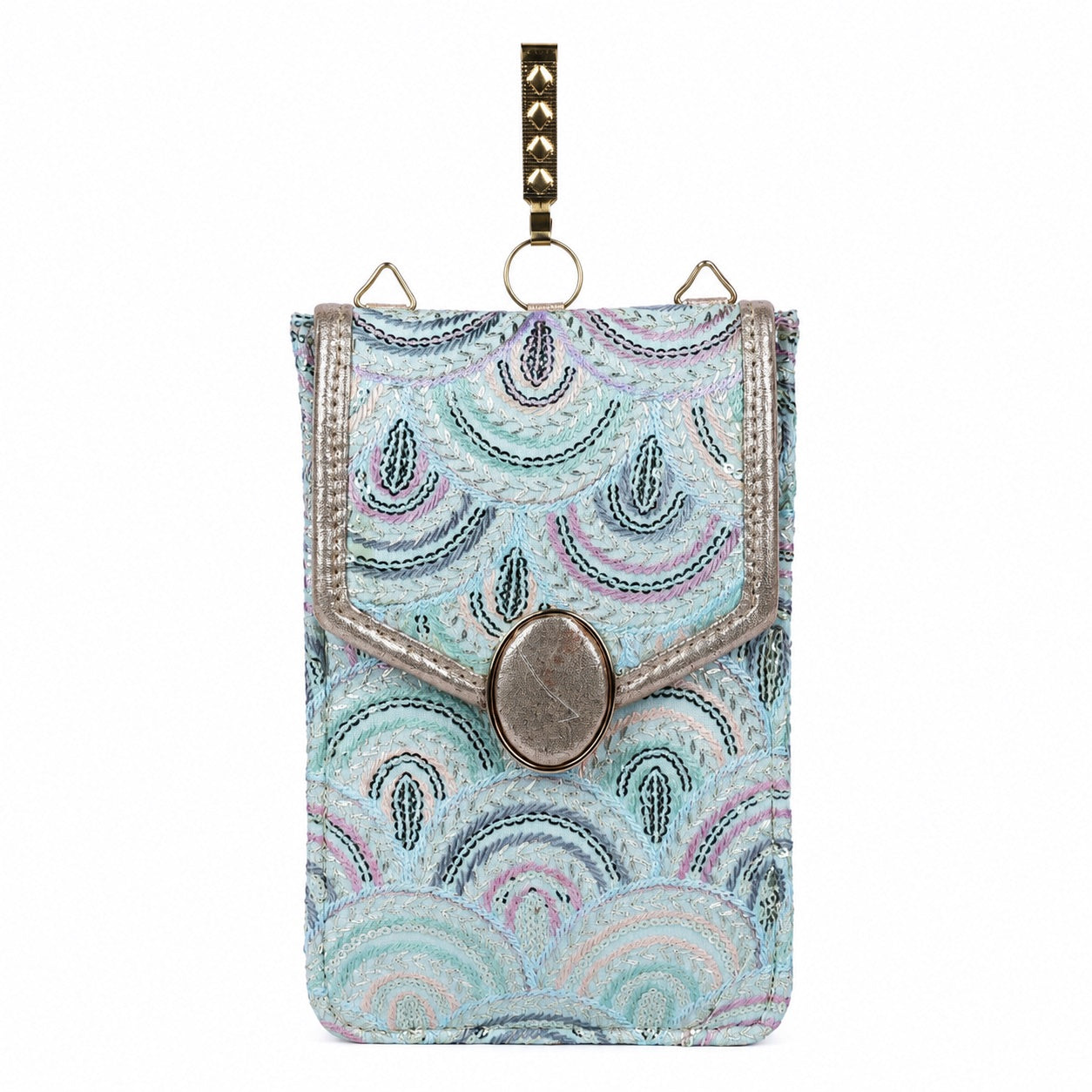 Aqua Blue Embroidered Mobile Pouch Sling Bag with Oval Accent