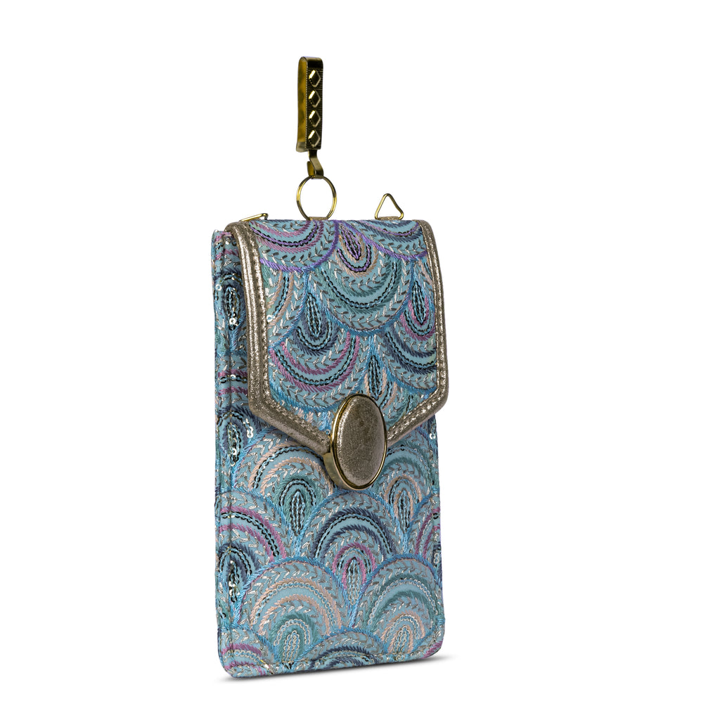 Aqua Blue Embroidered Mobile Pouch Sling Bag with Oval Accent