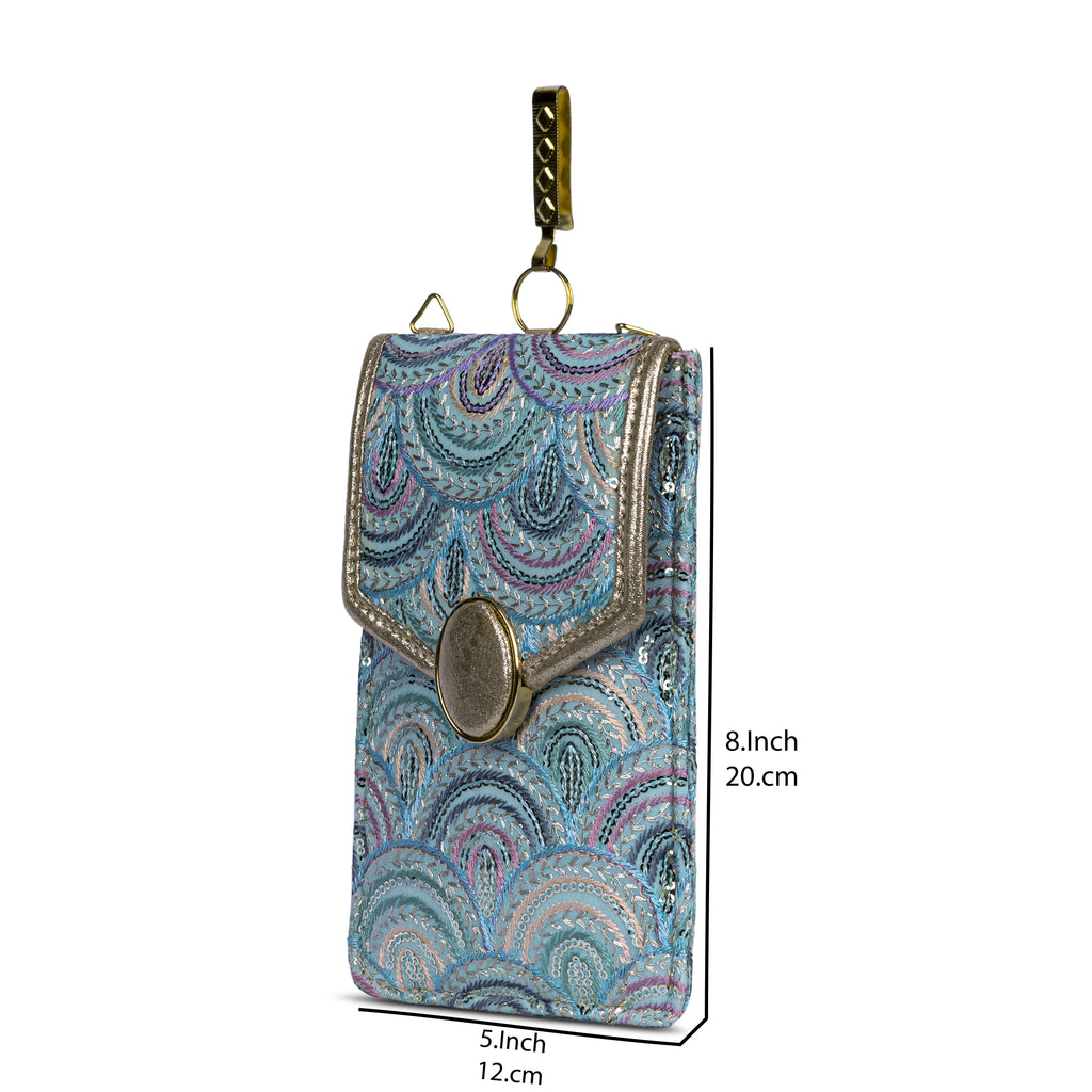 Aqua Blue Embroidered Mobile Pouch Sling Bag with Oval Accent