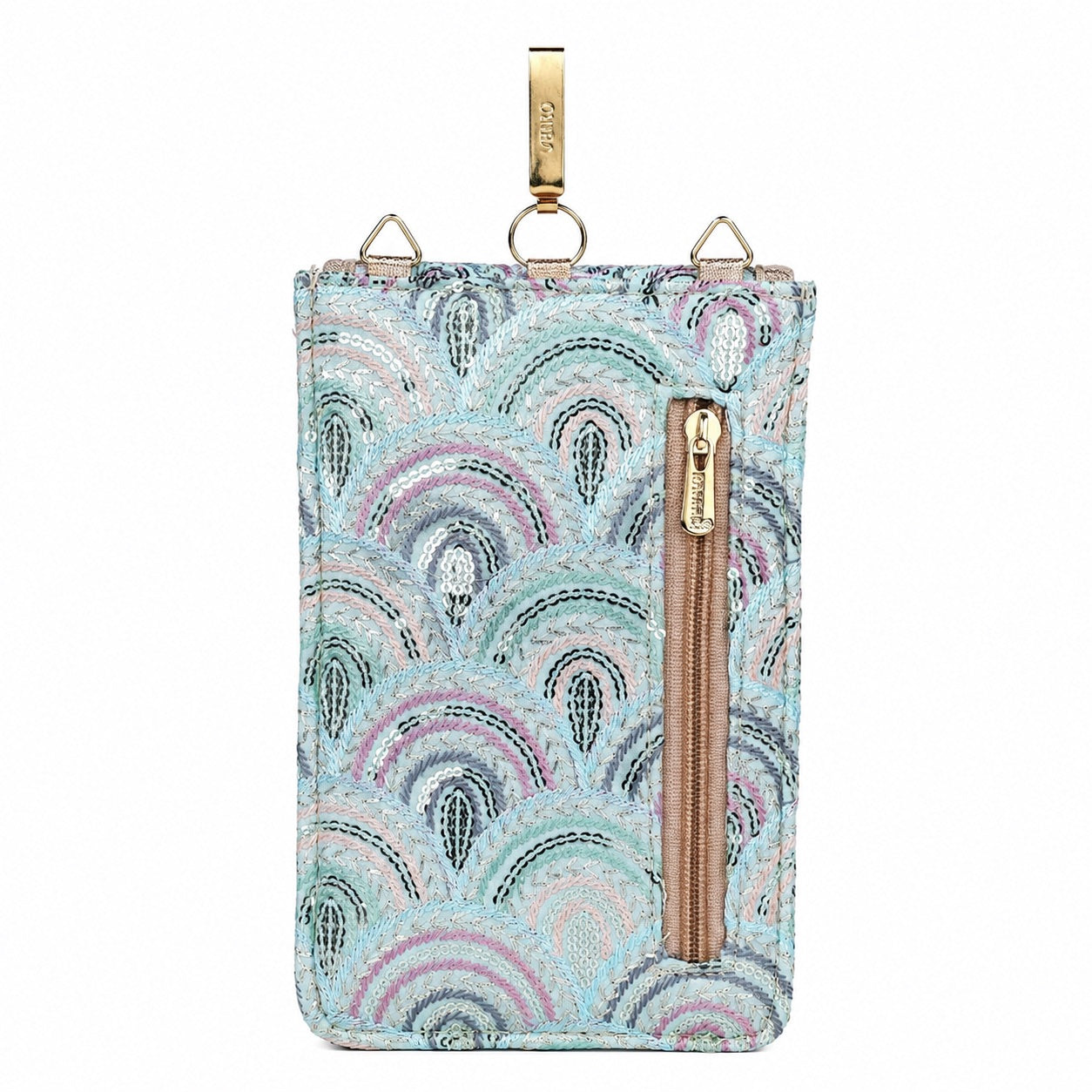Aqua Blue Embroidered Mobile Pouch Sling Bag with Oval Accent