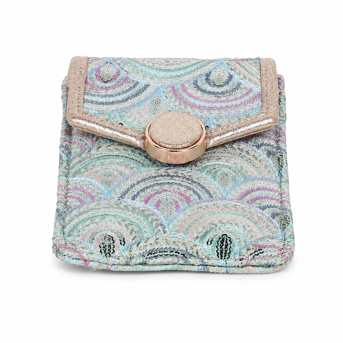 Aqua Blue Embroidered Mobile Pouch Sling Bag with Oval Accent