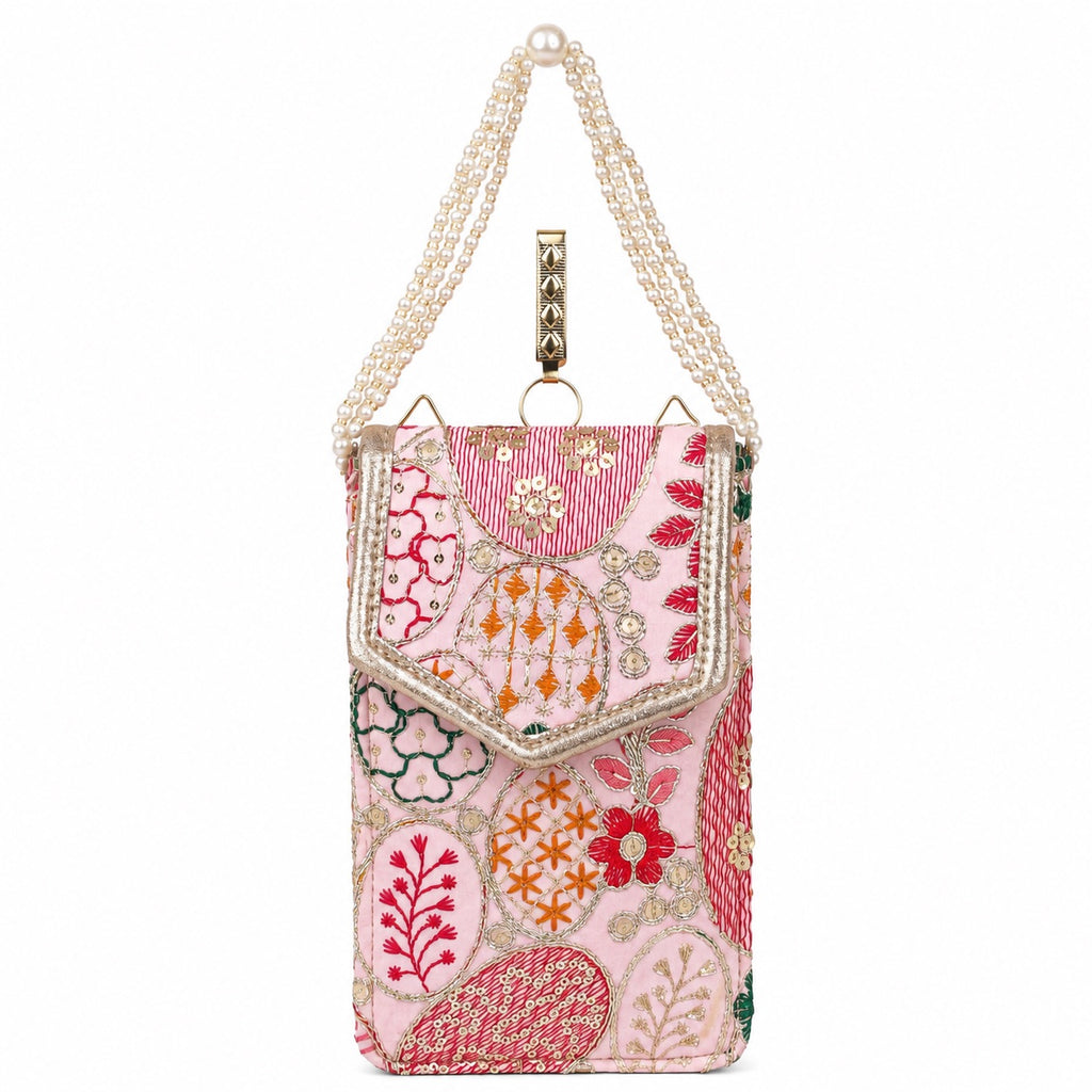Pink Embroidered Mobile Pouch Sling Bag with Flap