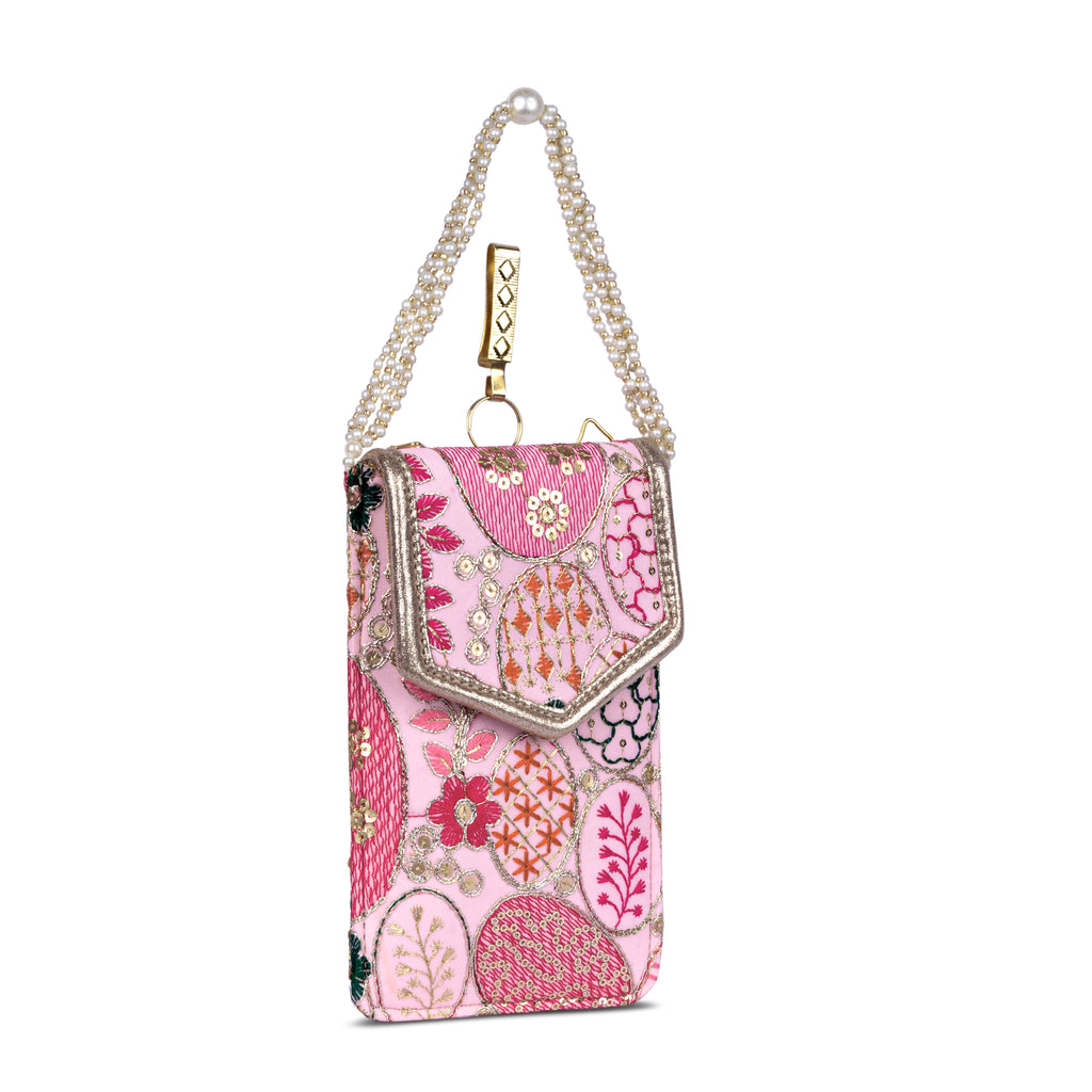 Pink Embroidered Mobile Pouch Sling Bag with Flap