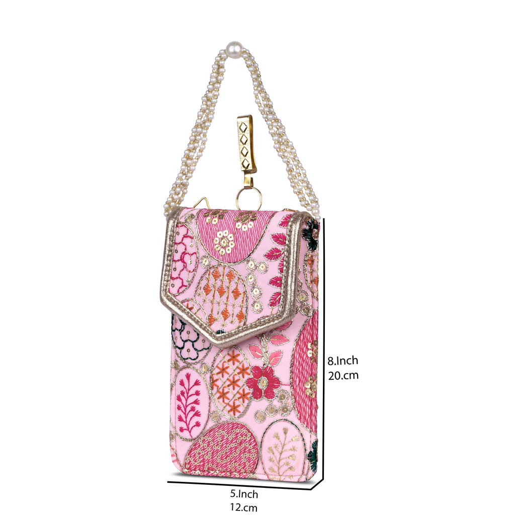 Pink Embroidered Mobile Pouch Sling Bag with Flap
