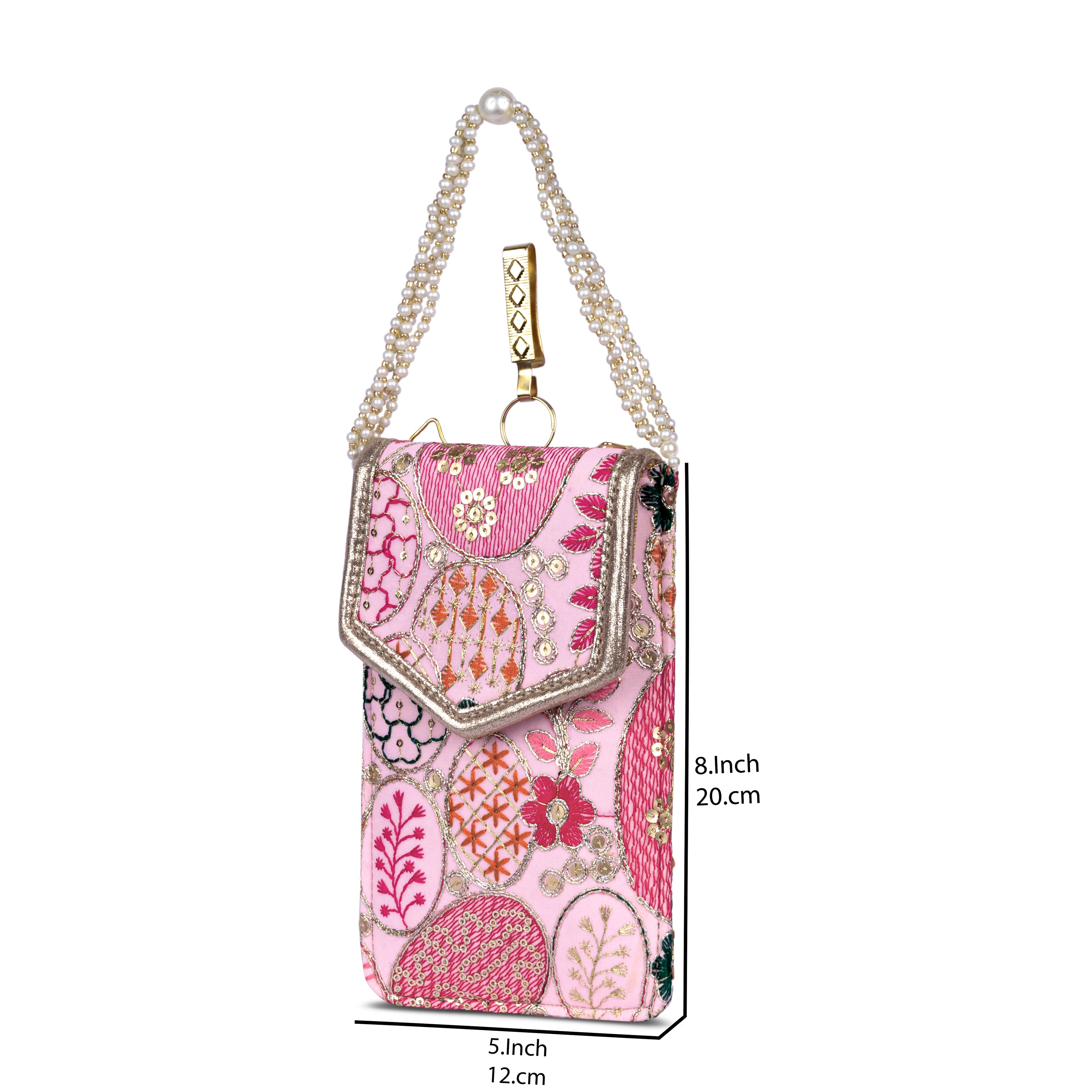 Pink Embroidered Mobile Pouch Sling Bag with Flap