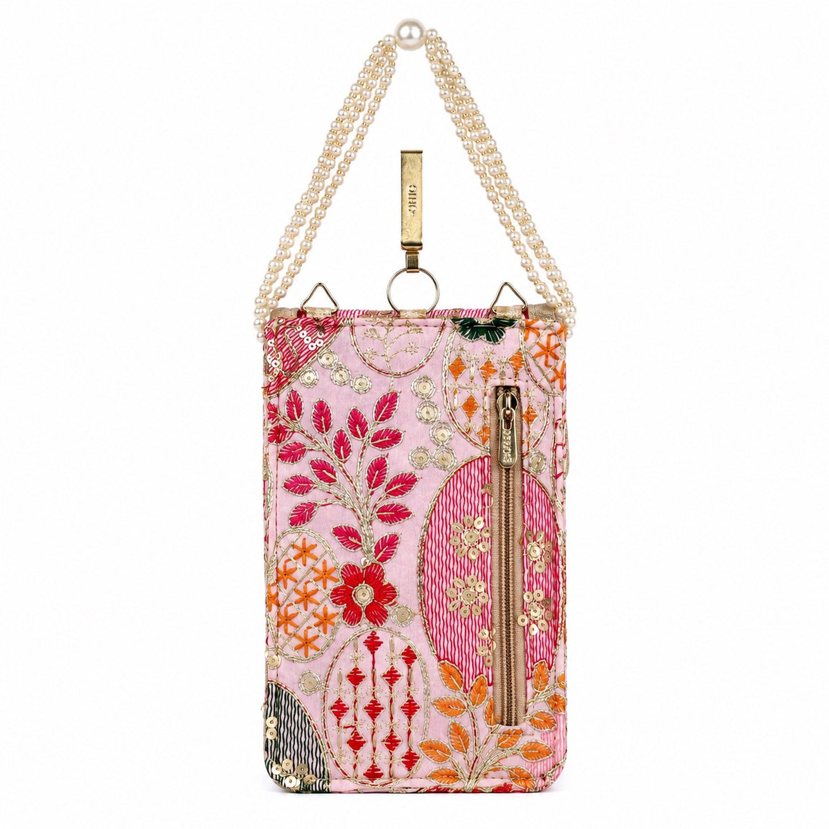 Pink Embroidered Mobile Pouch Sling Bag with Flap