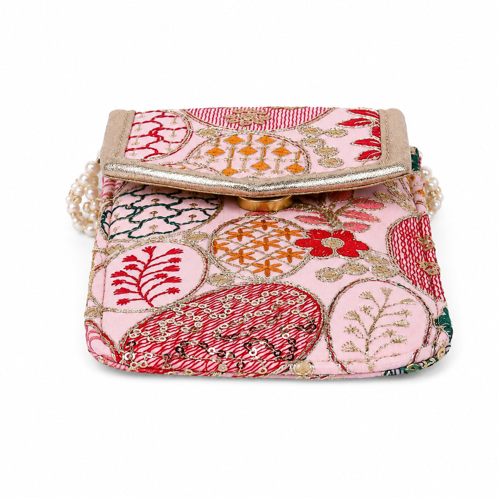 Pink Embroidered Mobile Pouch Sling Bag with Flap