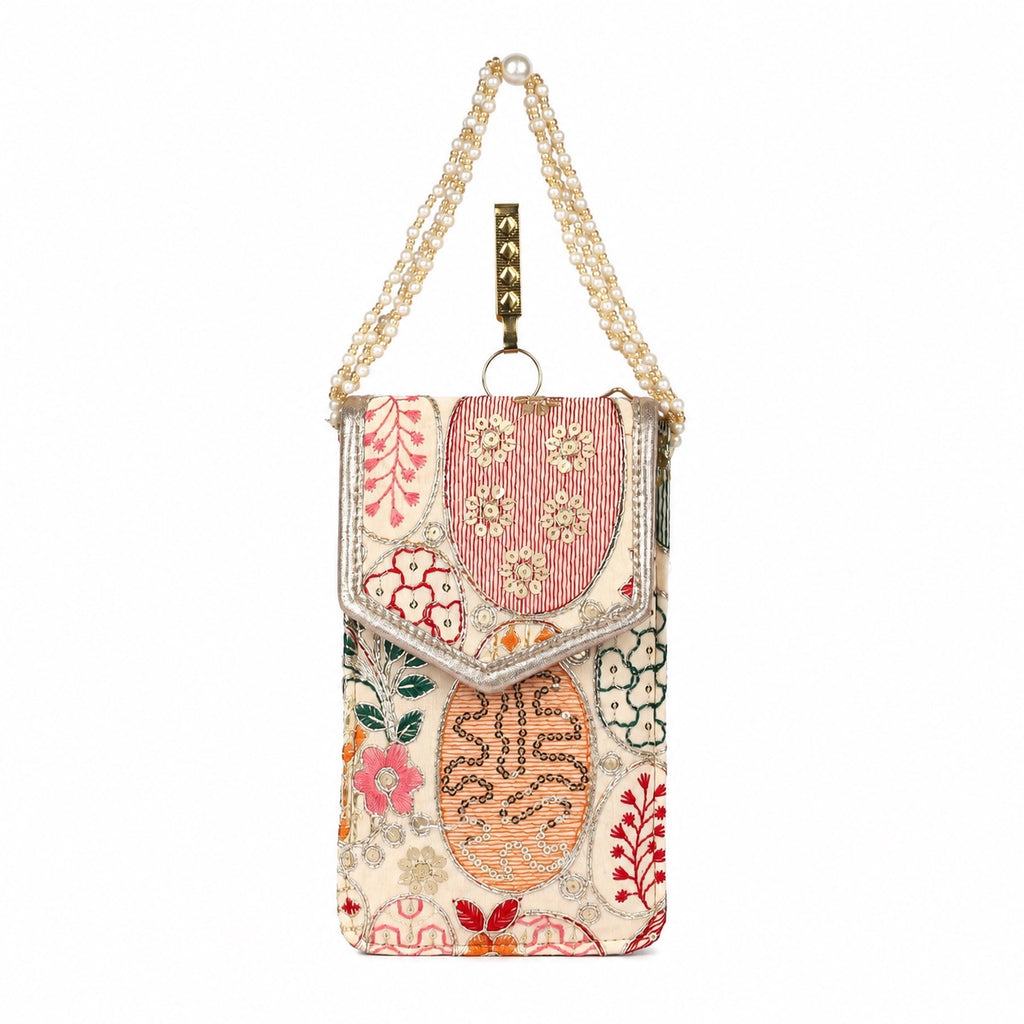 Beige Embroidered Mobile Pouch Sling Bag with Flap