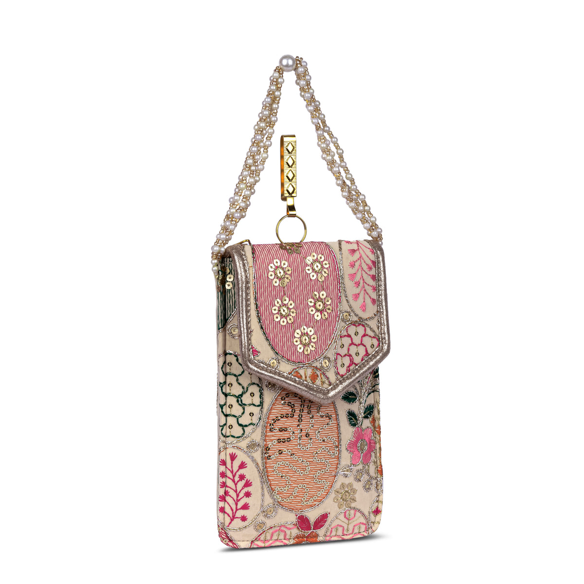Beige Embroidered Mobile Pouch Sling Bag with Flap