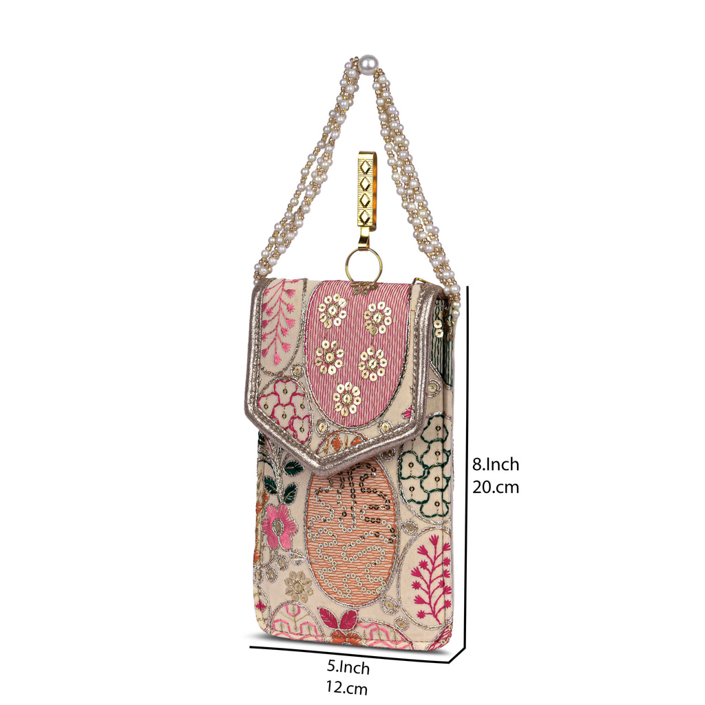 Beige Embroidered Mobile Pouch Sling Bag with Flap