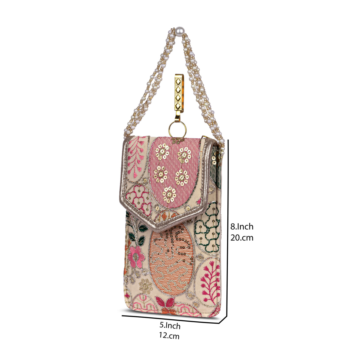 Beige Embroidered Mobile Pouch Sling Bag with Flap