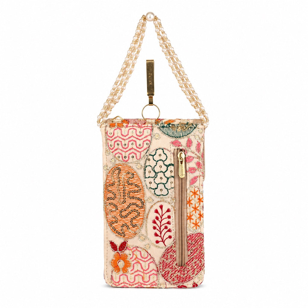 Beige Embroidered Mobile Pouch Sling Bag with Flap