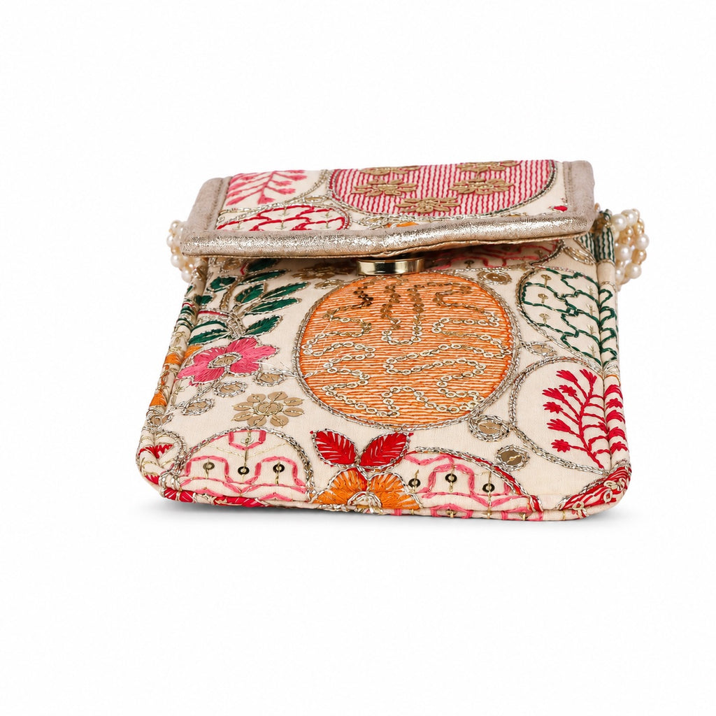 Beige Embroidered Mobile Pouch Sling Bag with Flap