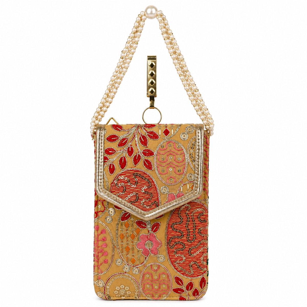 Mustard Embroidered Mobile Pouch Sling Bag with Flap