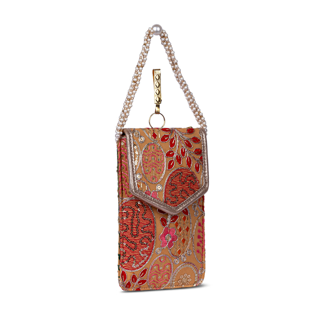 Mustard Embroidered Mobile Pouch Sling Bag with Flap