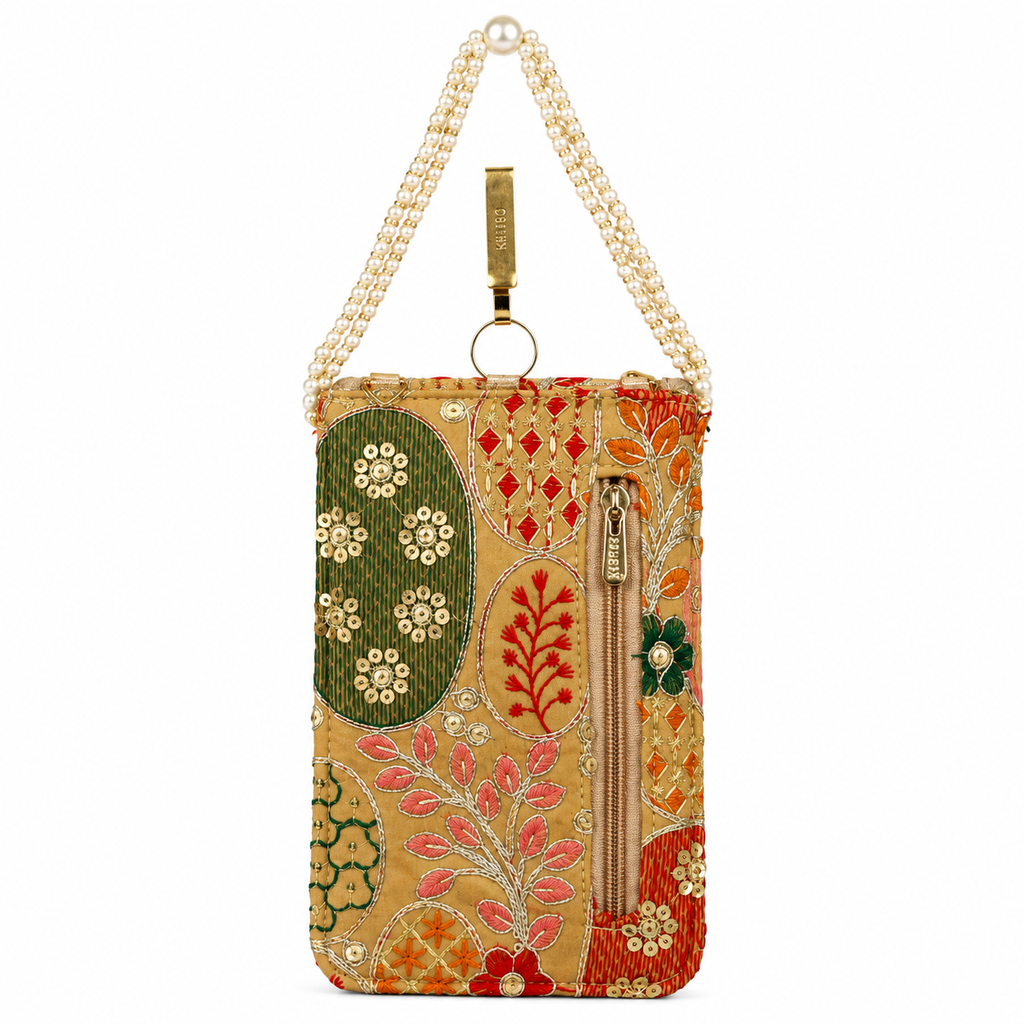 Mustard Embroidered Mobile Pouch Sling Bag with Flap