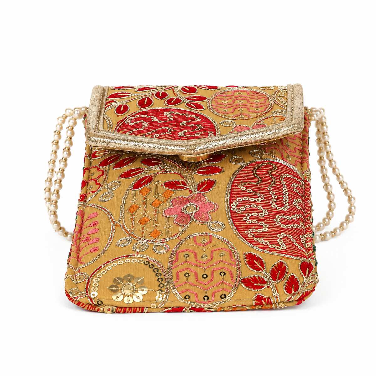 Mustard Embroidered Mobile Pouch Sling Bag with Flap