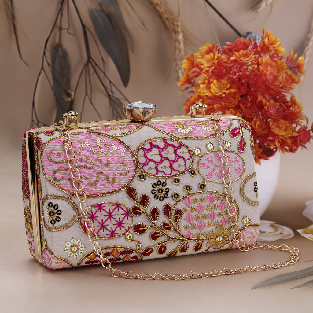 KarryQ Baby Pink Sequin Oval Embroidered Top Handle Box Clutch