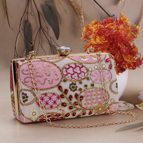 KarryQ Baby Pink Sequin Oval Embroidered Top Handle Box Clutch
