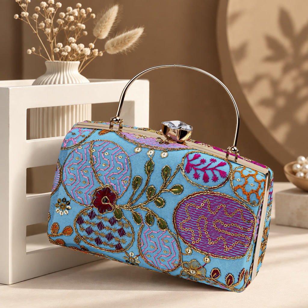KarryQ Sky Blue Sequin Oval Embroidered Top Handle Box Clutch
