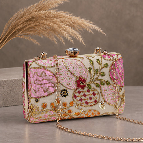 KarryQ Peach Floral Vine Embroidered Top Handle Box Clutch