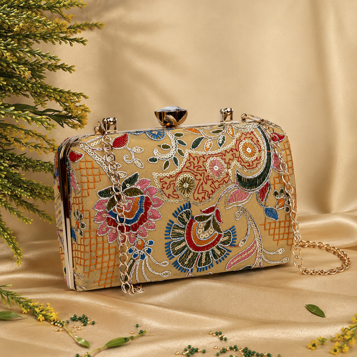 KarryQ Mustard Yellow Floral Jaal Embroidered Top Handle Box Clutch