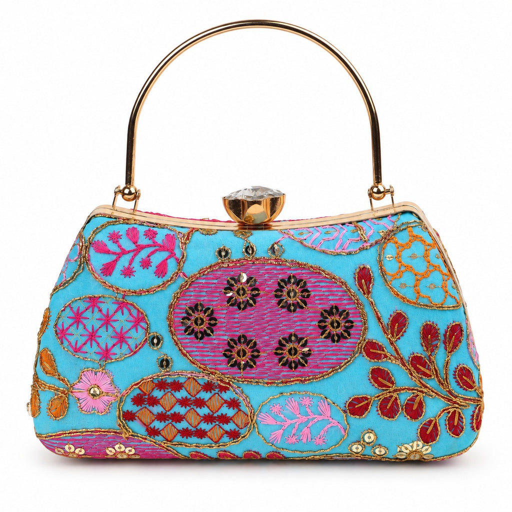 KarryQ Sky Blue Sequin Oval Curved Frame Clutch