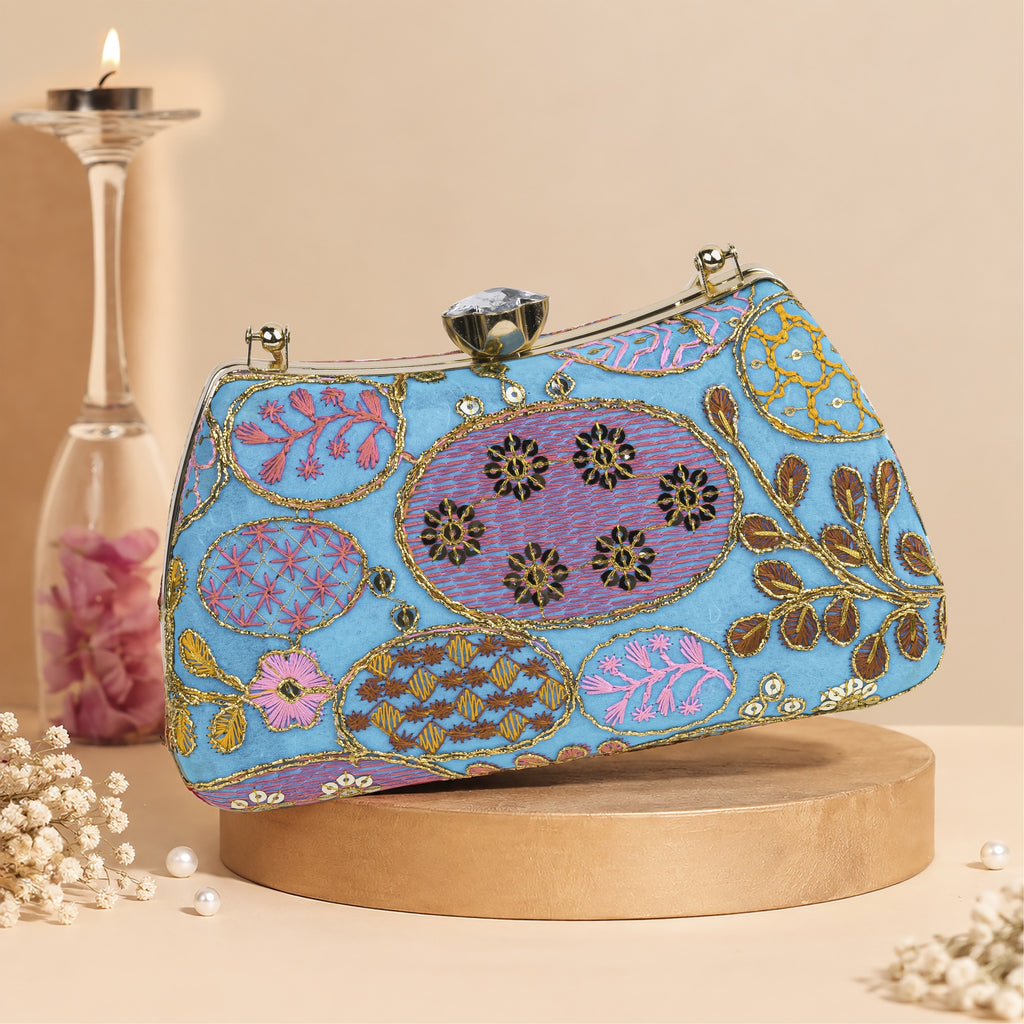 KarryQ Sky Blue Sequin Oval Embroidered Curved Frame Clutch
