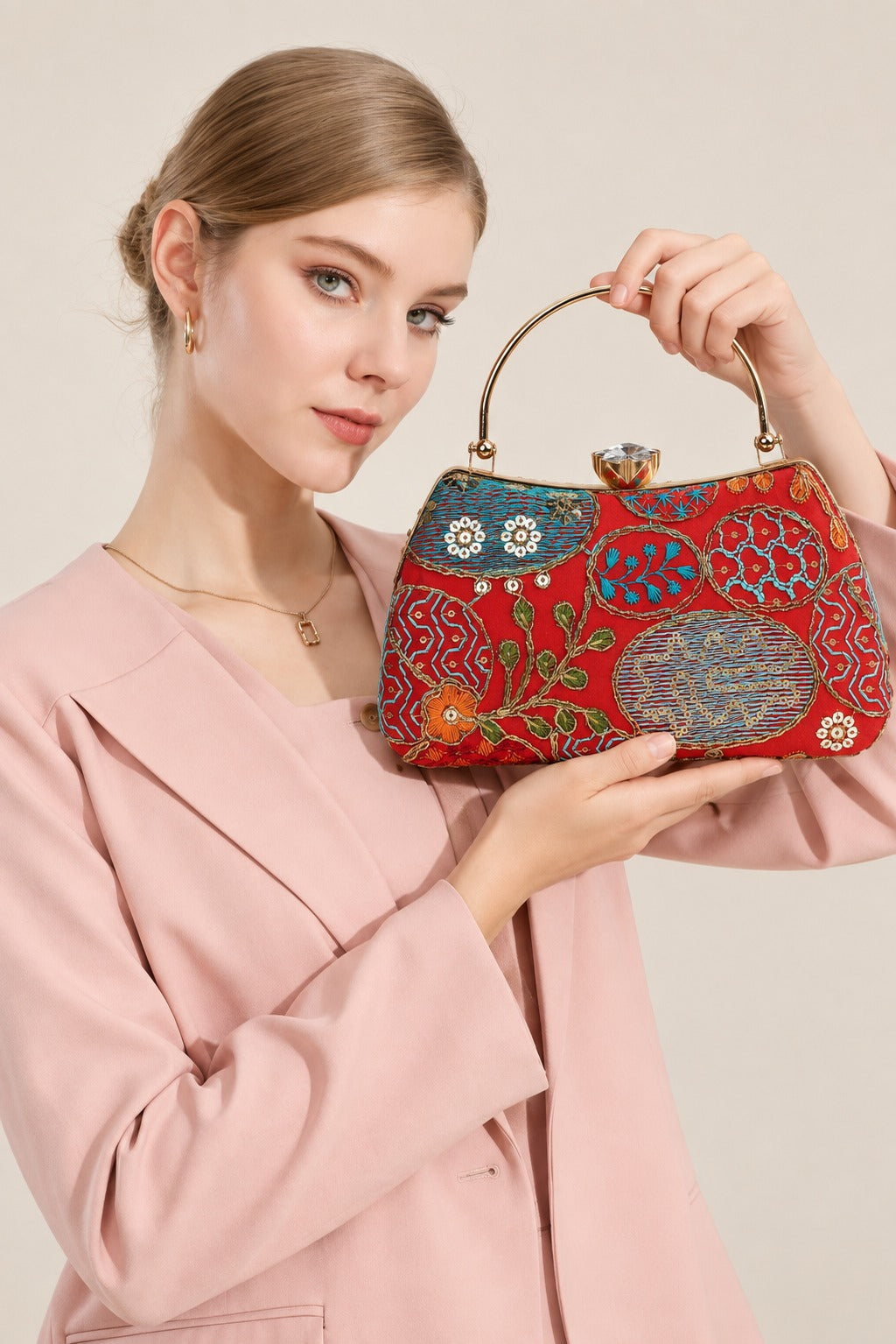 KarryQ Red Sequin Oval Curved Frame Clutch