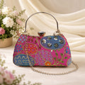 KarryQ Pink and Blue Oval Motif Embroidered Curved Frame Clutch