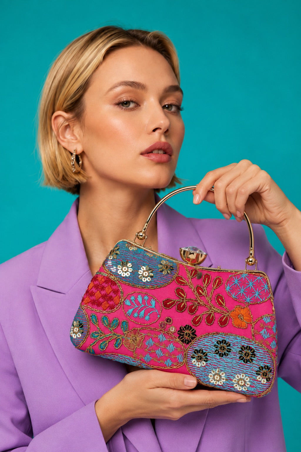 KarryQ Pink and Blue Oval Motif Curved Frame Clutch