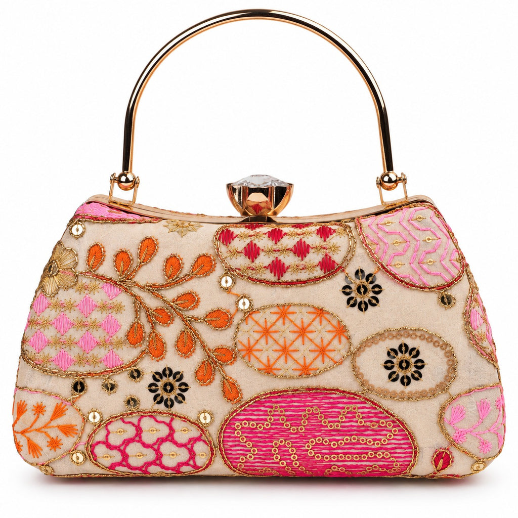 KarryQ Beige Sequin Oval Curved Frame Clutch