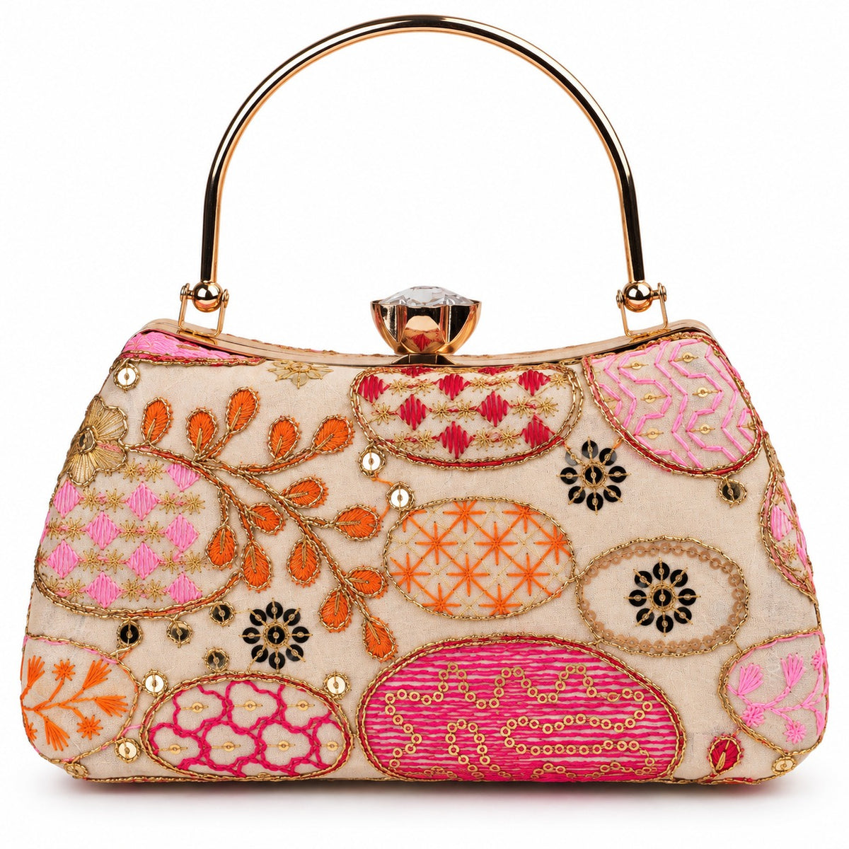 KarryQ Beige Sequin Oval Curved Frame Clutch