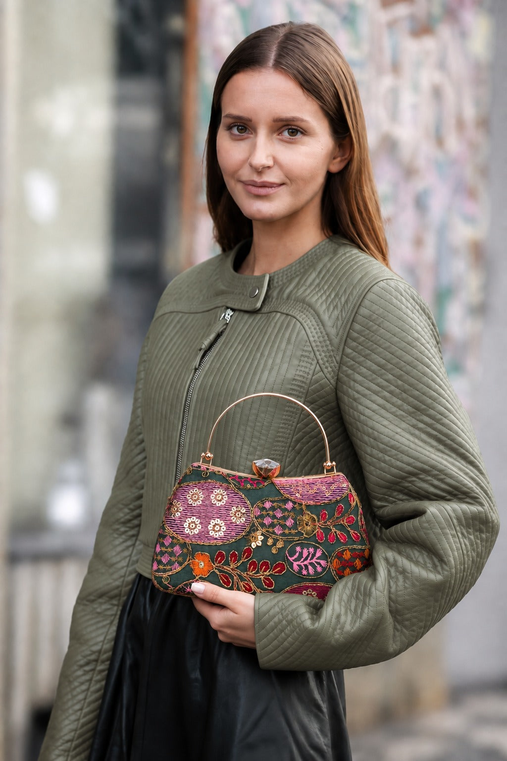 KarryQ Bottle Green Sequin Oval Curved Frame Clutch
