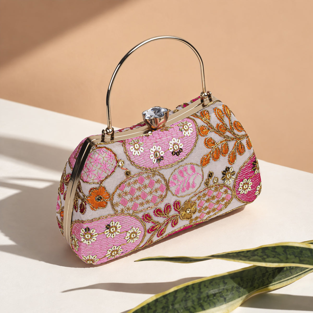 KarryQ Rose Pink Sequin Oval Embroidered Curved Frame Clutch
